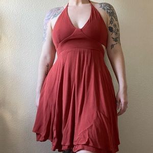 Rust tie-back halter dress with pockets